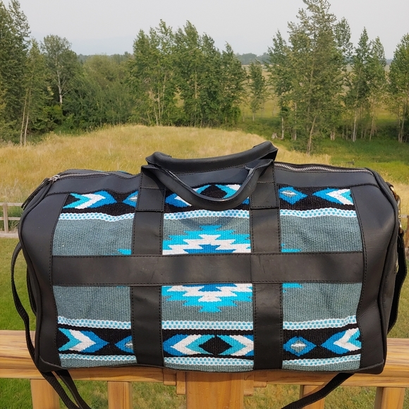 Handmade Saddle Blanket leather duffel bag black turquoise travel boho - Picture 6 of 12